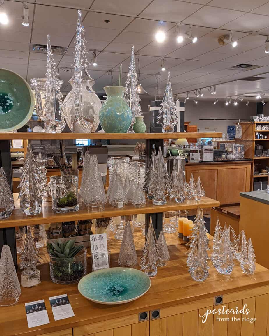 glass Christmas trees at Simon Pearce