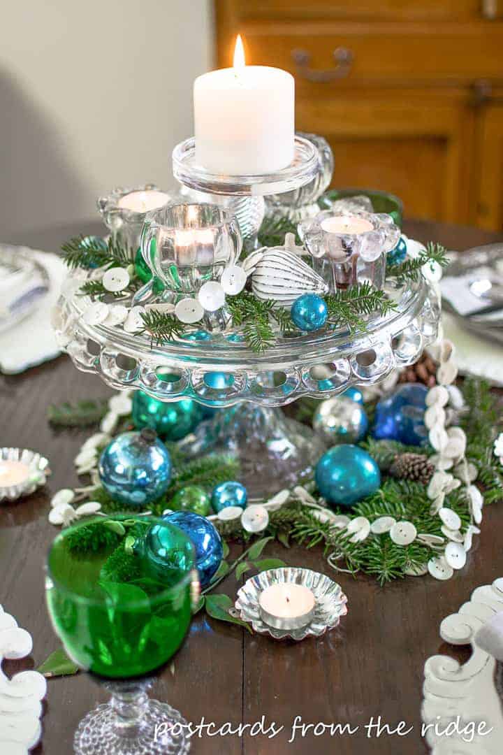 vintage blue and turquoise shiny brite Christmas ornaments