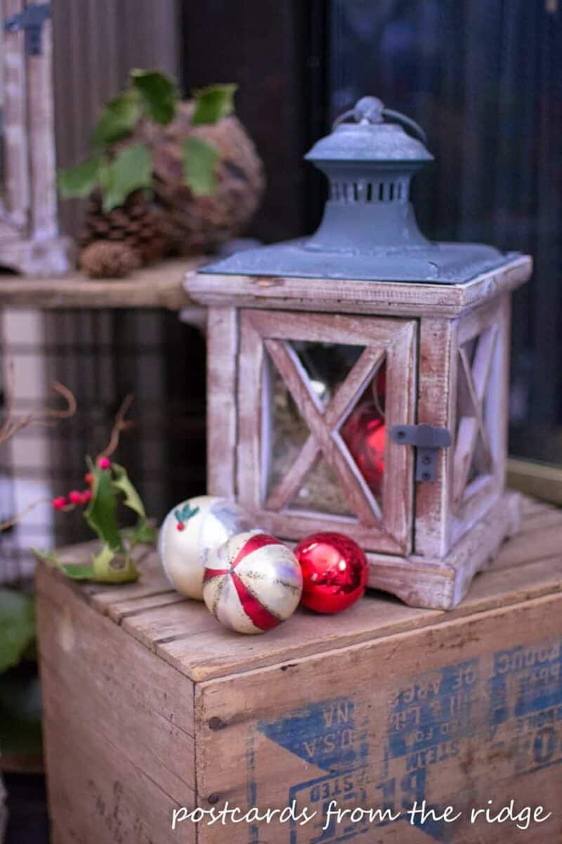 vintage shiny brite Christmas ornaments and wooden lantern