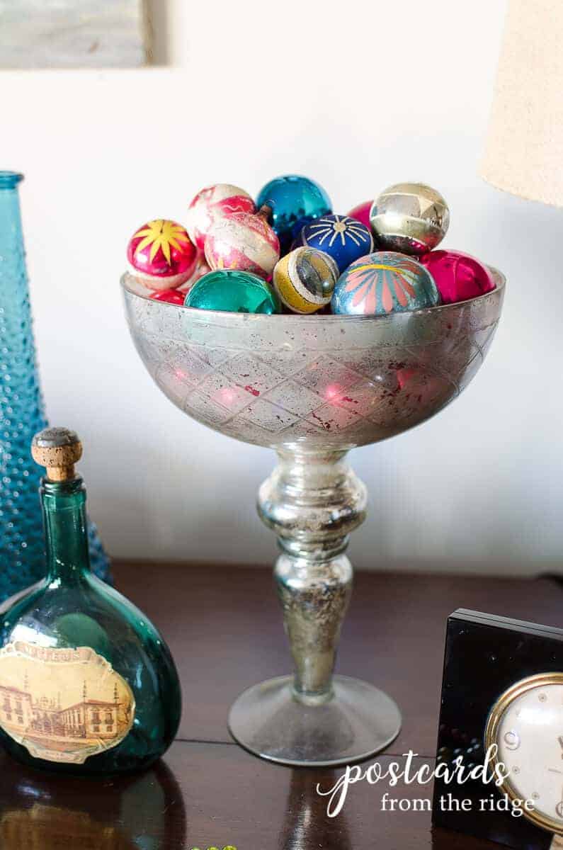 vintage shiny brite Christmas ornaments in mercury glass compote