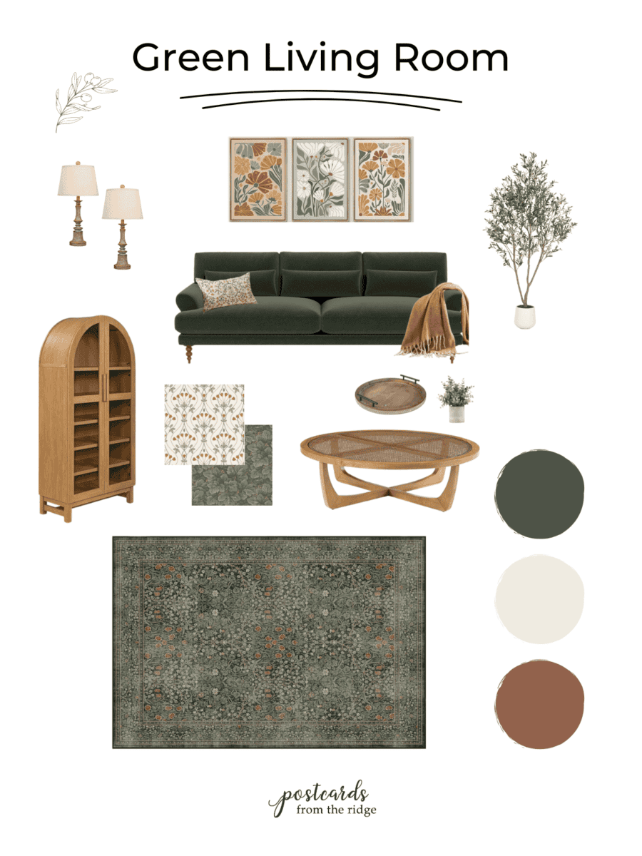 Dark green living room design board