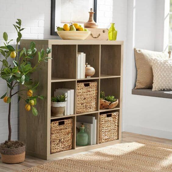 wood storage shelf with basket cubes