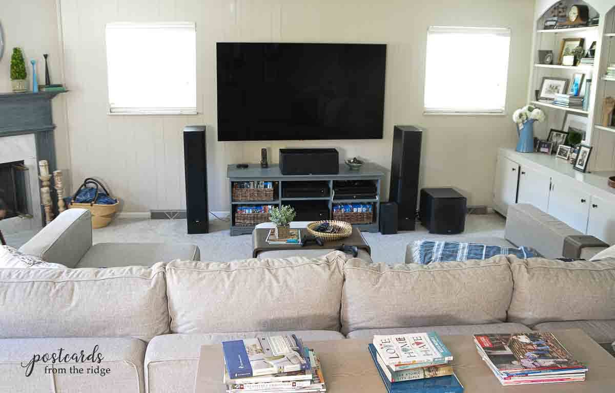 lovesac couch with movie room setup