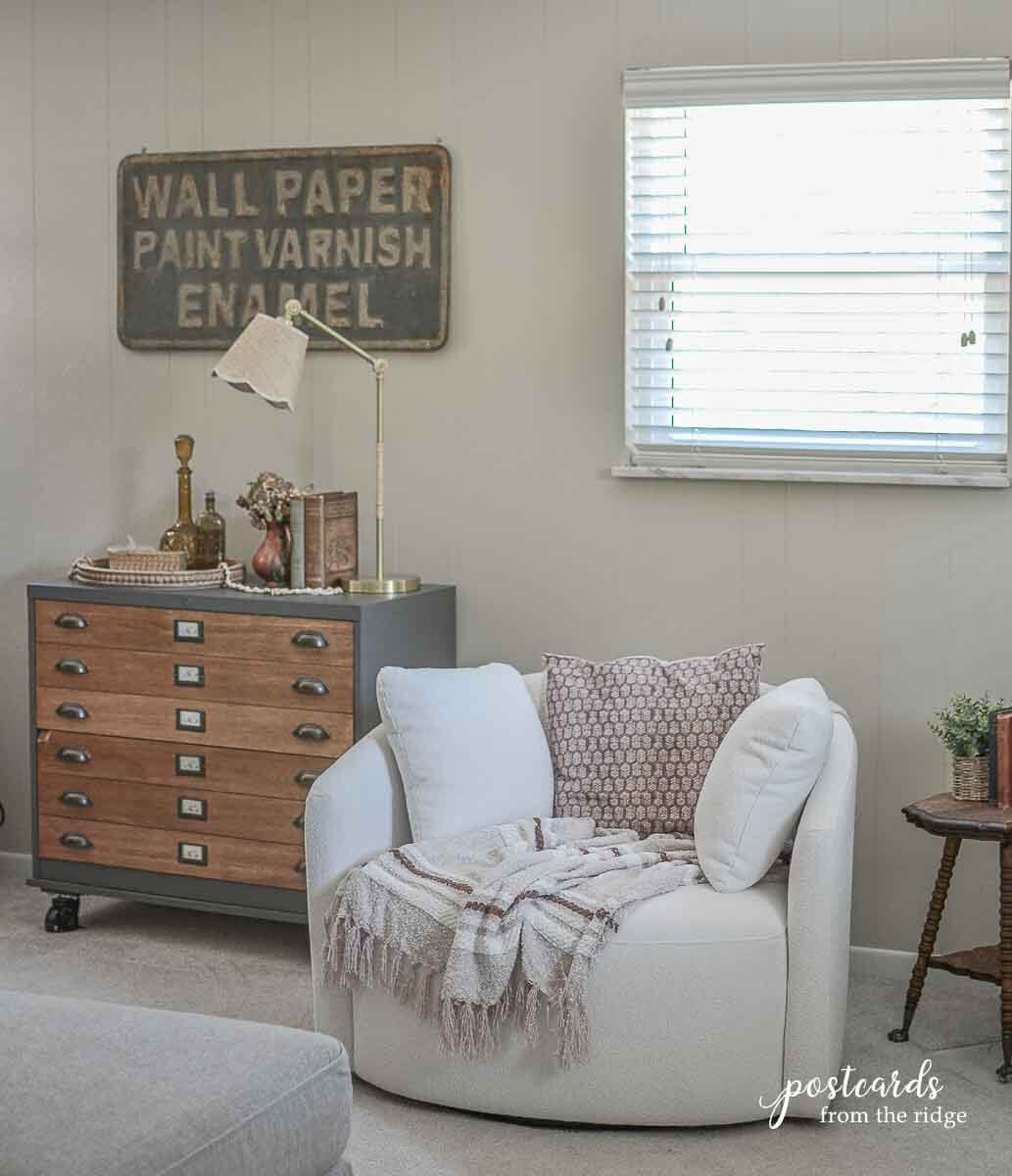 fall decorating ideas with Drew Barrymore Beautiful chair and block print pillow