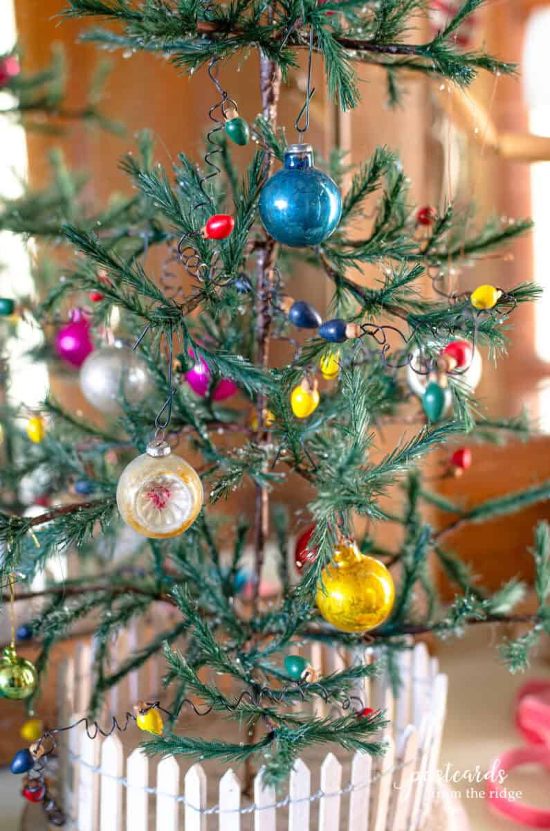 vintage Shiny Brite ornaments on a mini Christmas tree