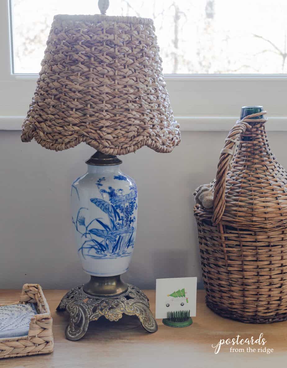 antique chinoiserie lamp with woven lamp shade