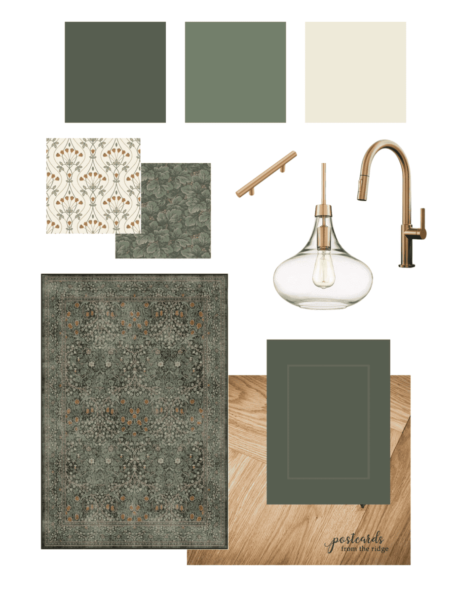 green and warm oak kitchen design board