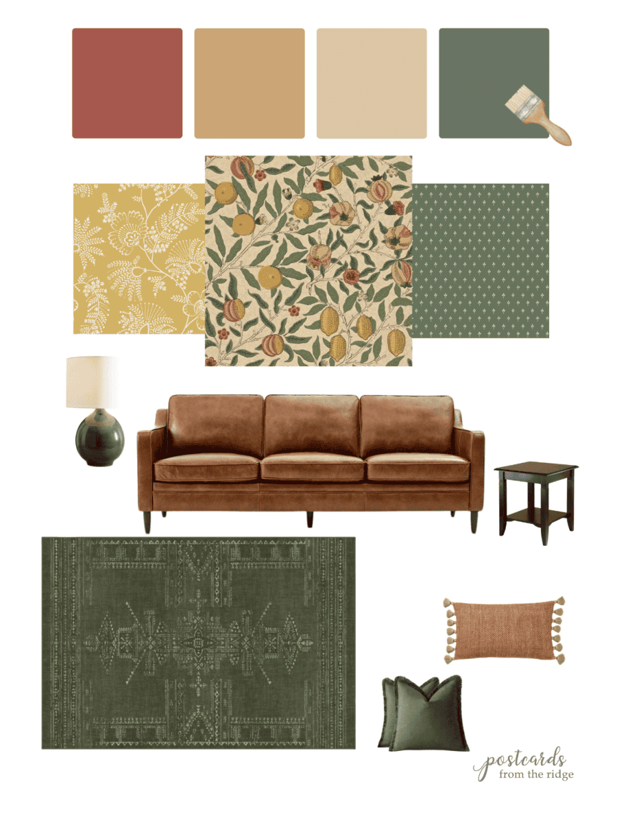 William Morris Pomegranate Wallpaper Color Palette leather sofa