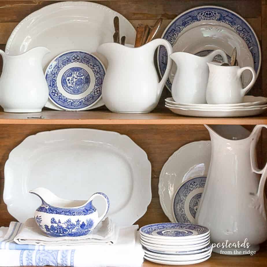 antique white ironstone platters with blue and white