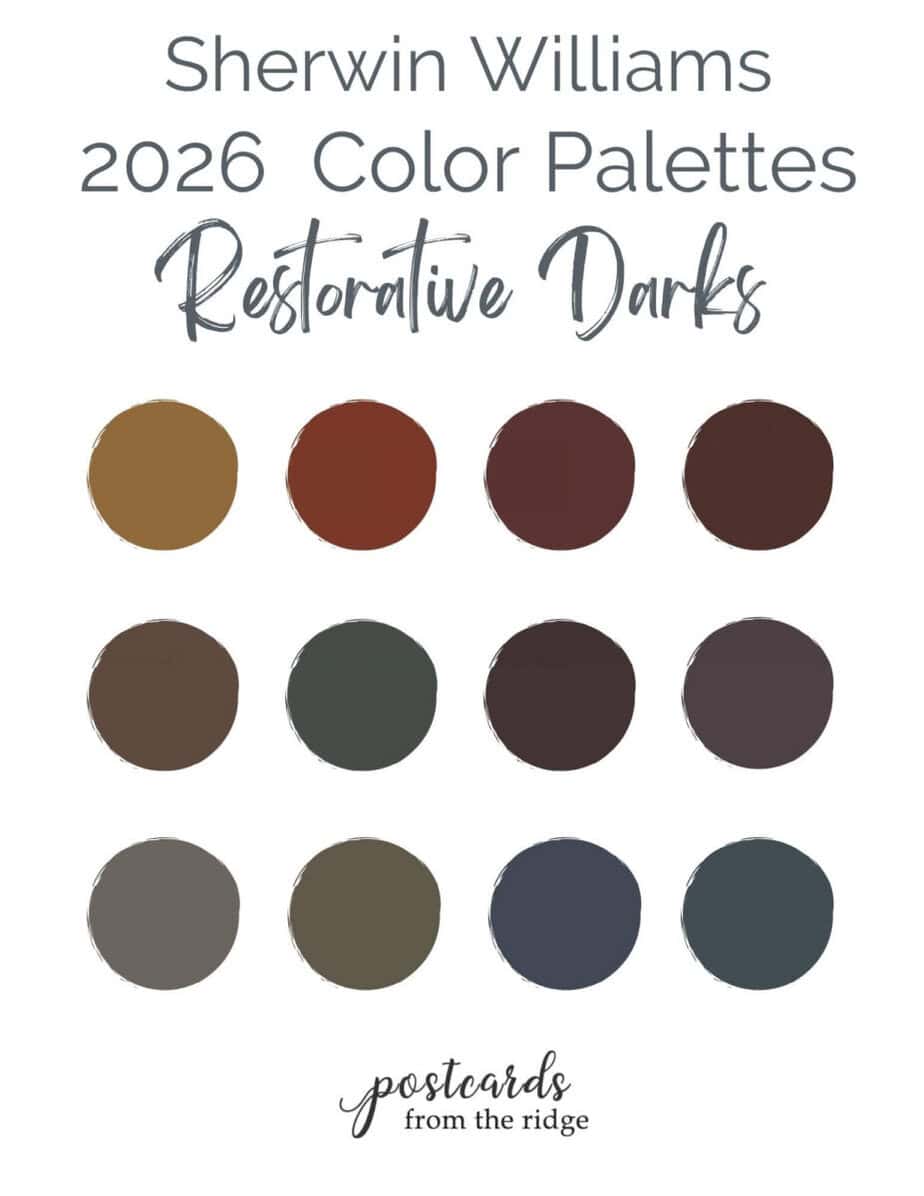 Sherwin Williams 2026 color palette Restorative Darks