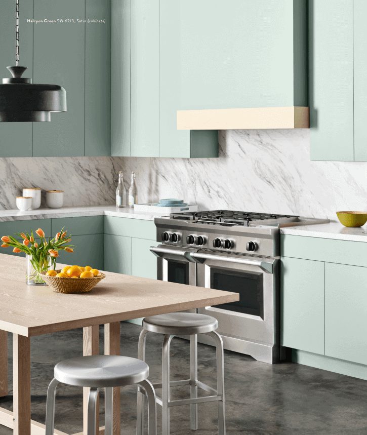 kitchen with cabinets painted in SherwinWilliams halcyon green