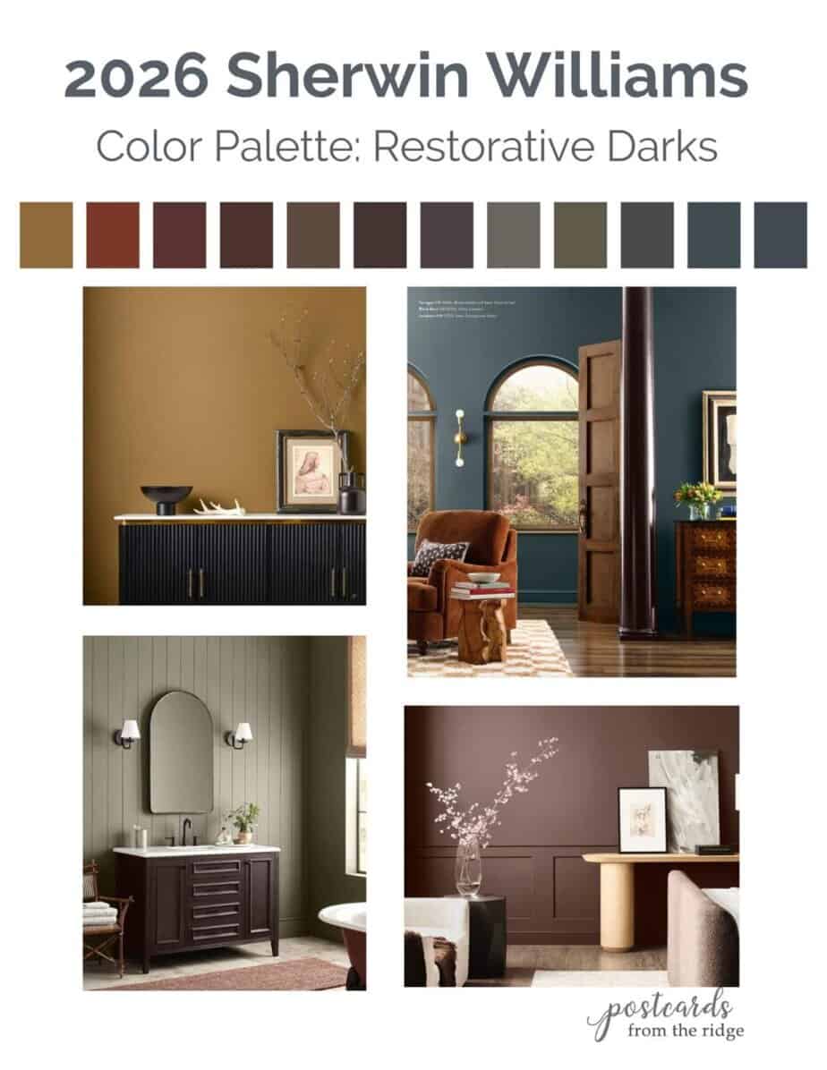 Sherwin Williams 2026 color palettes restorative darks