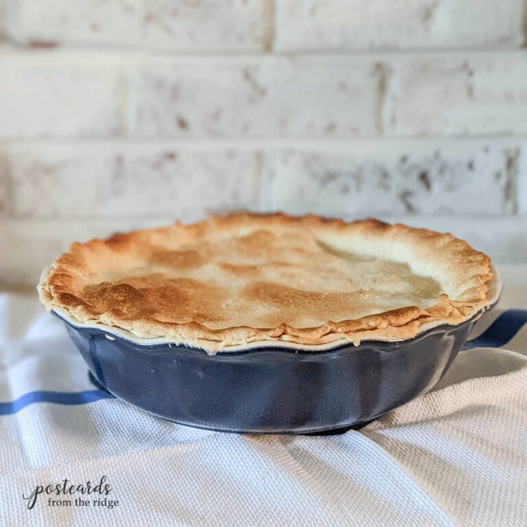 chicken pot pie recipe in stoneware pie dish