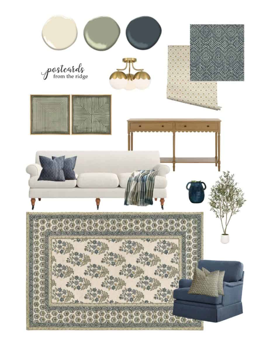 blue and green block print rug in Cotswald English cottage design board