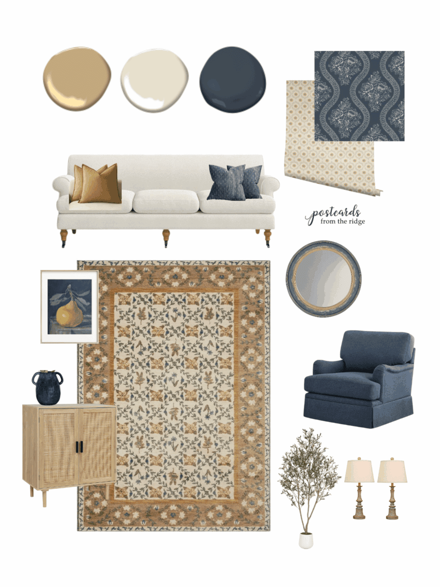 blue and mustard block print living room