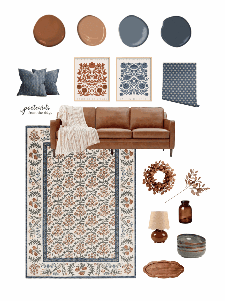 living room design board with leather sofa, rust navy acceents
