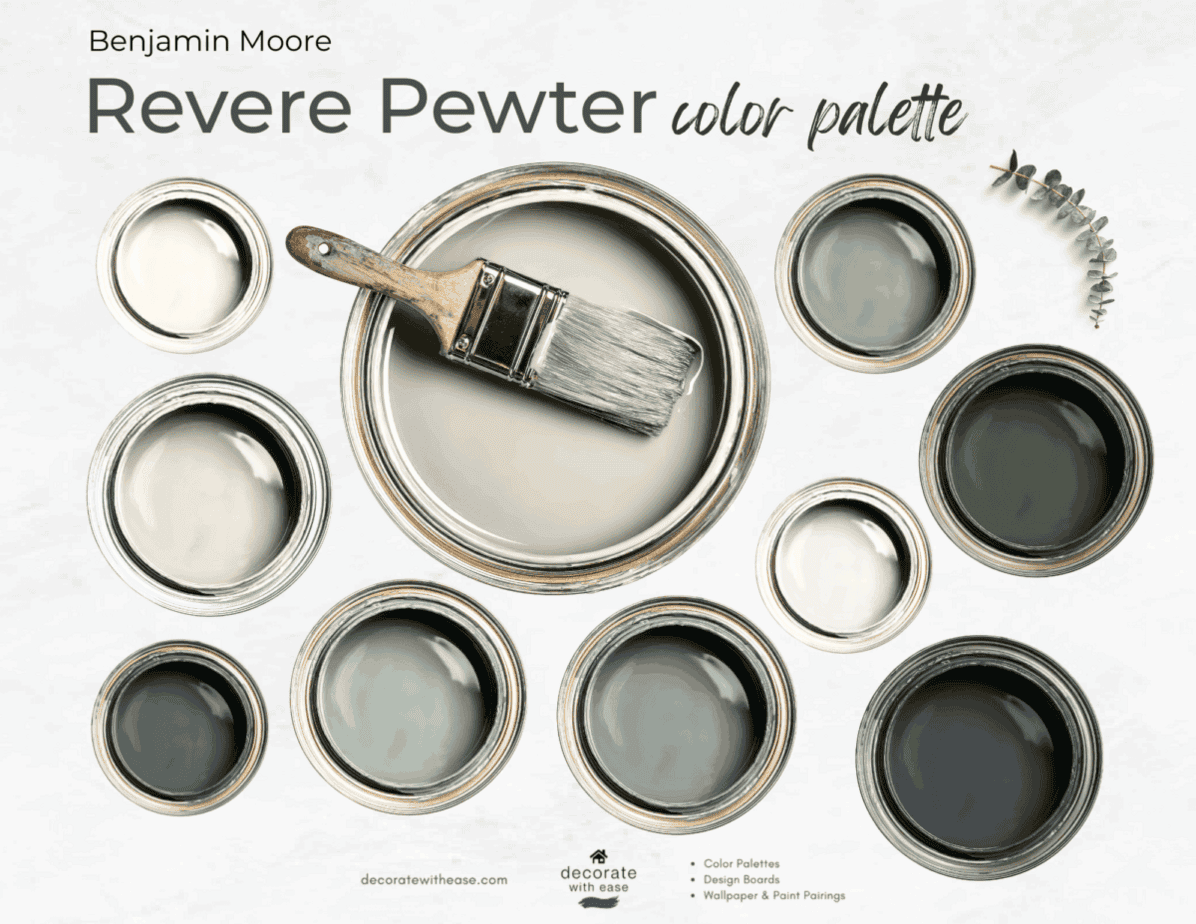 Benjamin Moore Revere Pewter Paint Color Palette with blues and greens