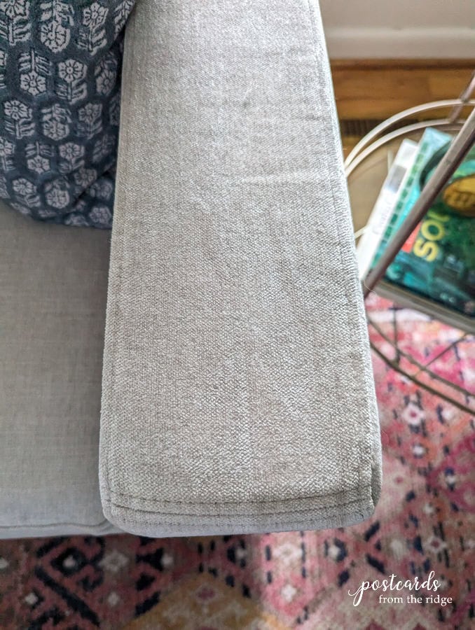 Lovesac Snugg Sofa arm with oyster etched chenille fabric