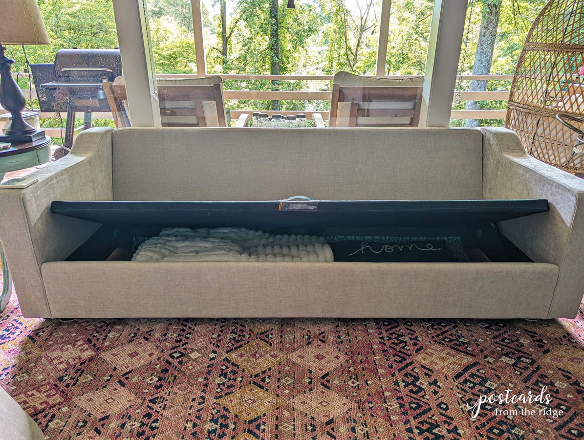 Lovesac snugg sofa storage area underneath seat
