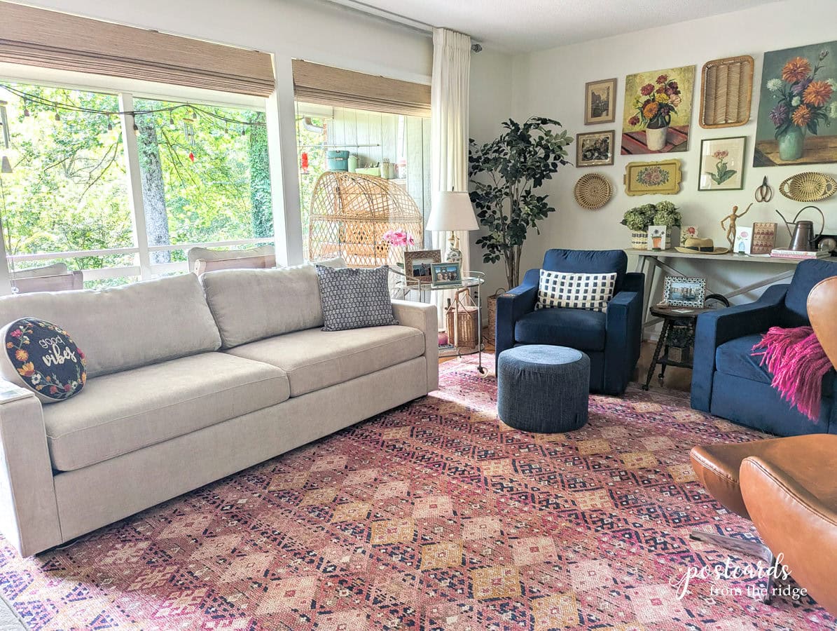 Lovesac Snugg Sofa and chairs in living room with large windows
