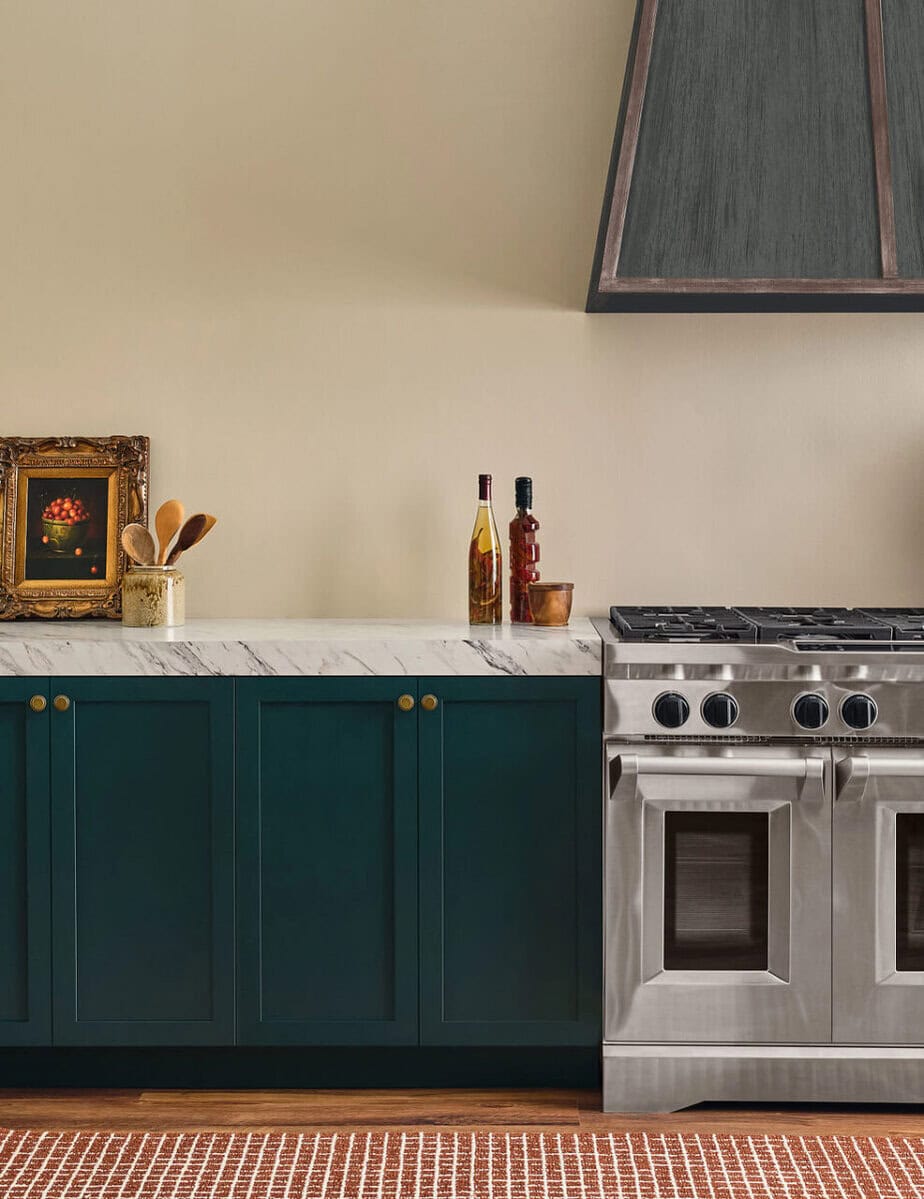Kitchen painted with Sherwin Williams Beachcomber walls SW 9617 Cascades Cabinets Sw 7623