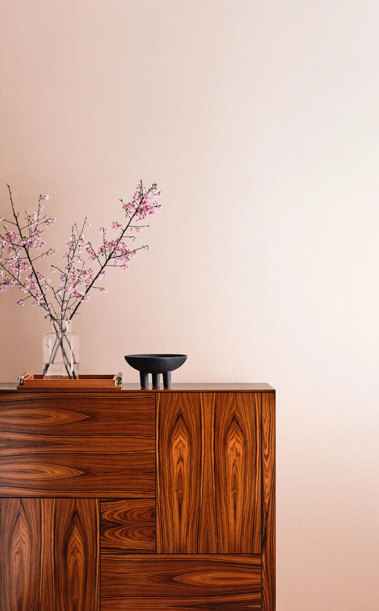 Sherwin Williams Lotus Petal SW 9697 walls with wood furniture and pink flowering branches.