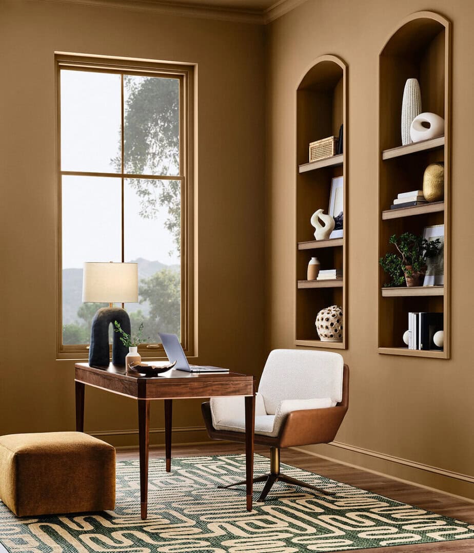 Sherwin Williams Renwick Golden Oak SW 2824 office with wood deck and built in bookcases