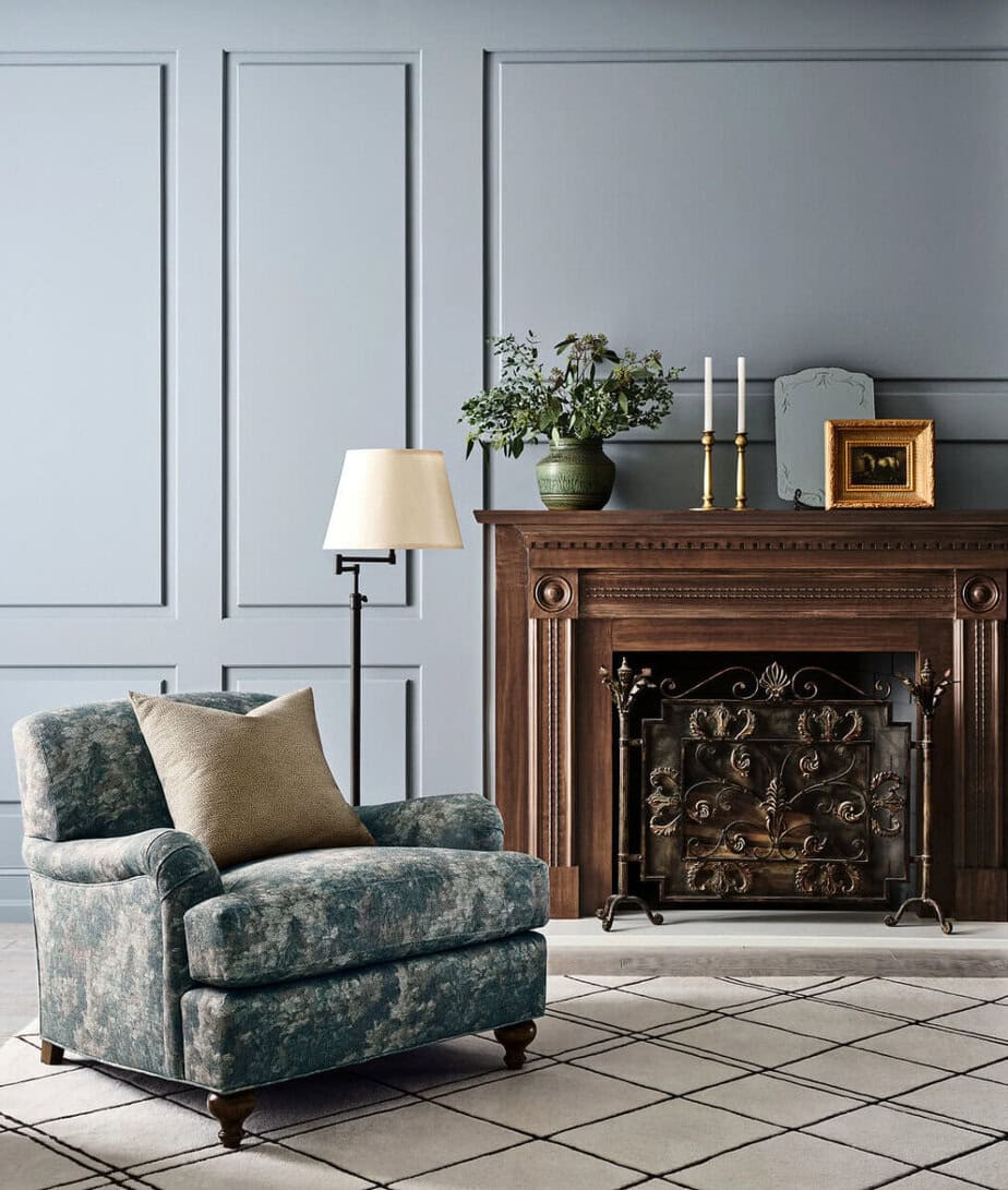 Living room painted with Sherwin Williams Steely Gray SW 7676 Mantle Minwax Expresso MW 1186