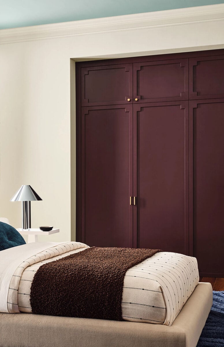 Bedroom with Sherwin Williams Walls and Trim White Duck SW 7010 - Closet Door Cordovan SW 6027 - Ceiling Quietude SW 6212