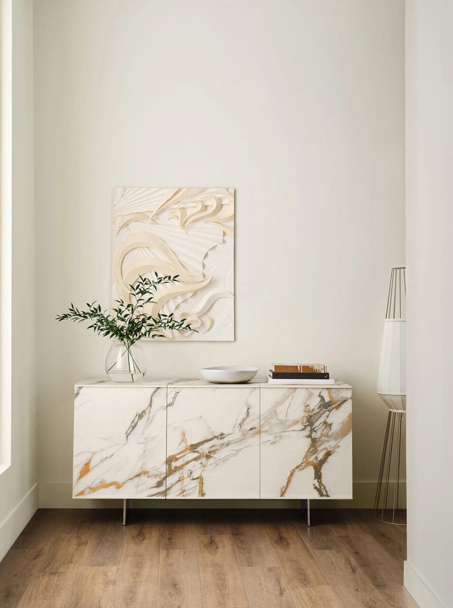 Sherwin Williams White Duck SW 7010 walls with marble finish console and wood floors