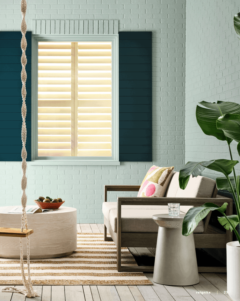 Sherwin Williams Quietude Walls Cascade Shutters on a porch