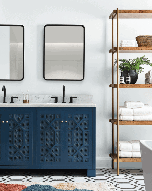 Sherwin Williams Salty Dog vanity and Icicle walls in modern bathroom