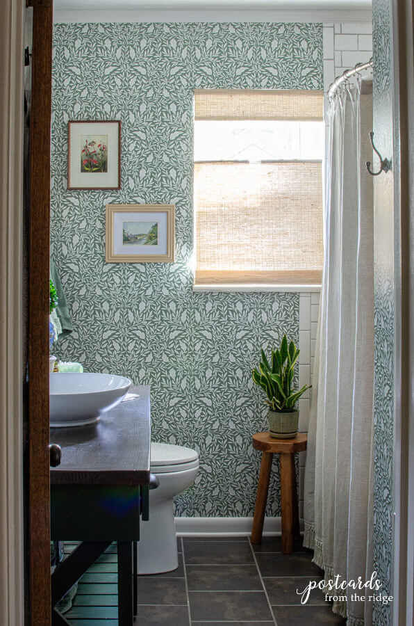 hall guest bathroom with new wallpaper from love vs design