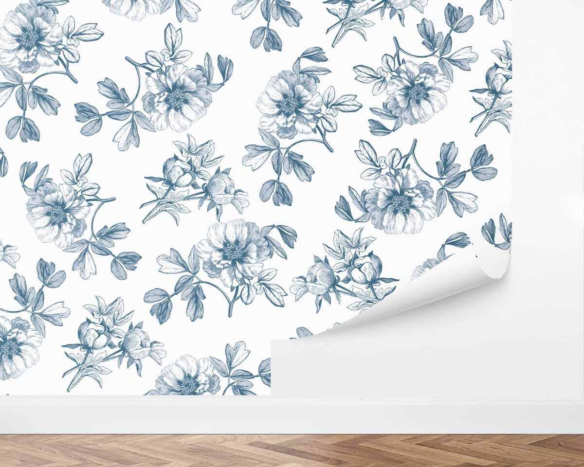 love vs design vintage peonies peel and stick wallpaper blue and white