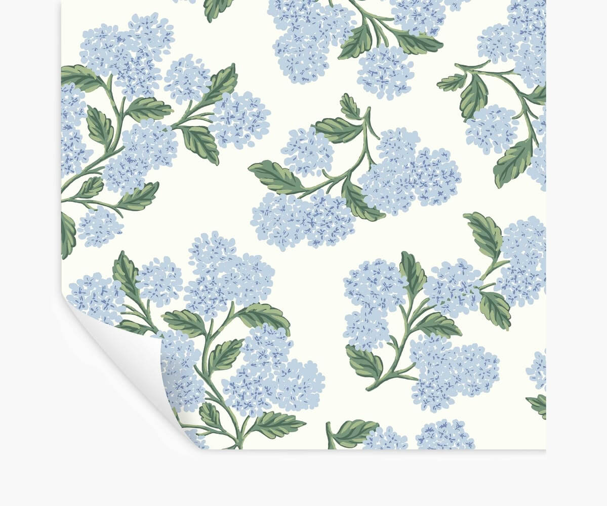 rifle paper peel and stick wallpaper blue hydrangeas