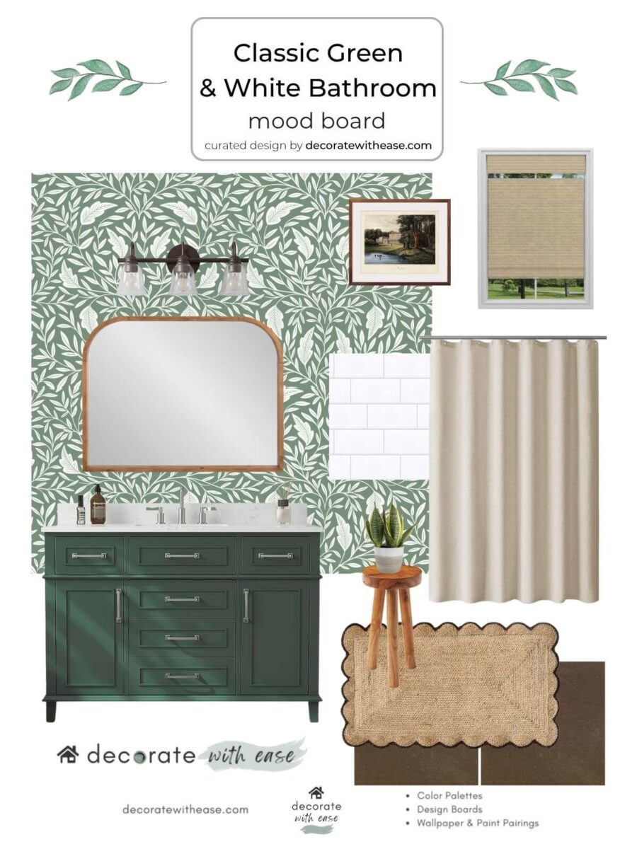 green and white bathroom with wallpaper and linen shower curtain inspiration board