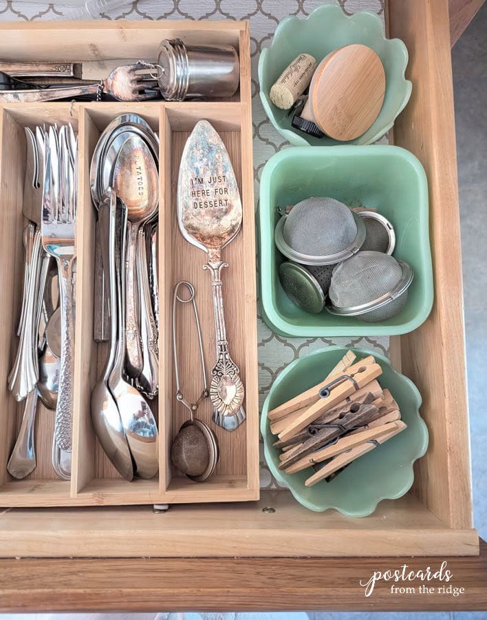 kitchen drawer with vintage jadeite and bamboo organizer