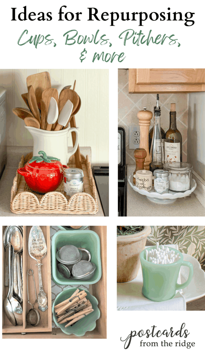 kitchen items in bowls, pitchers, and more